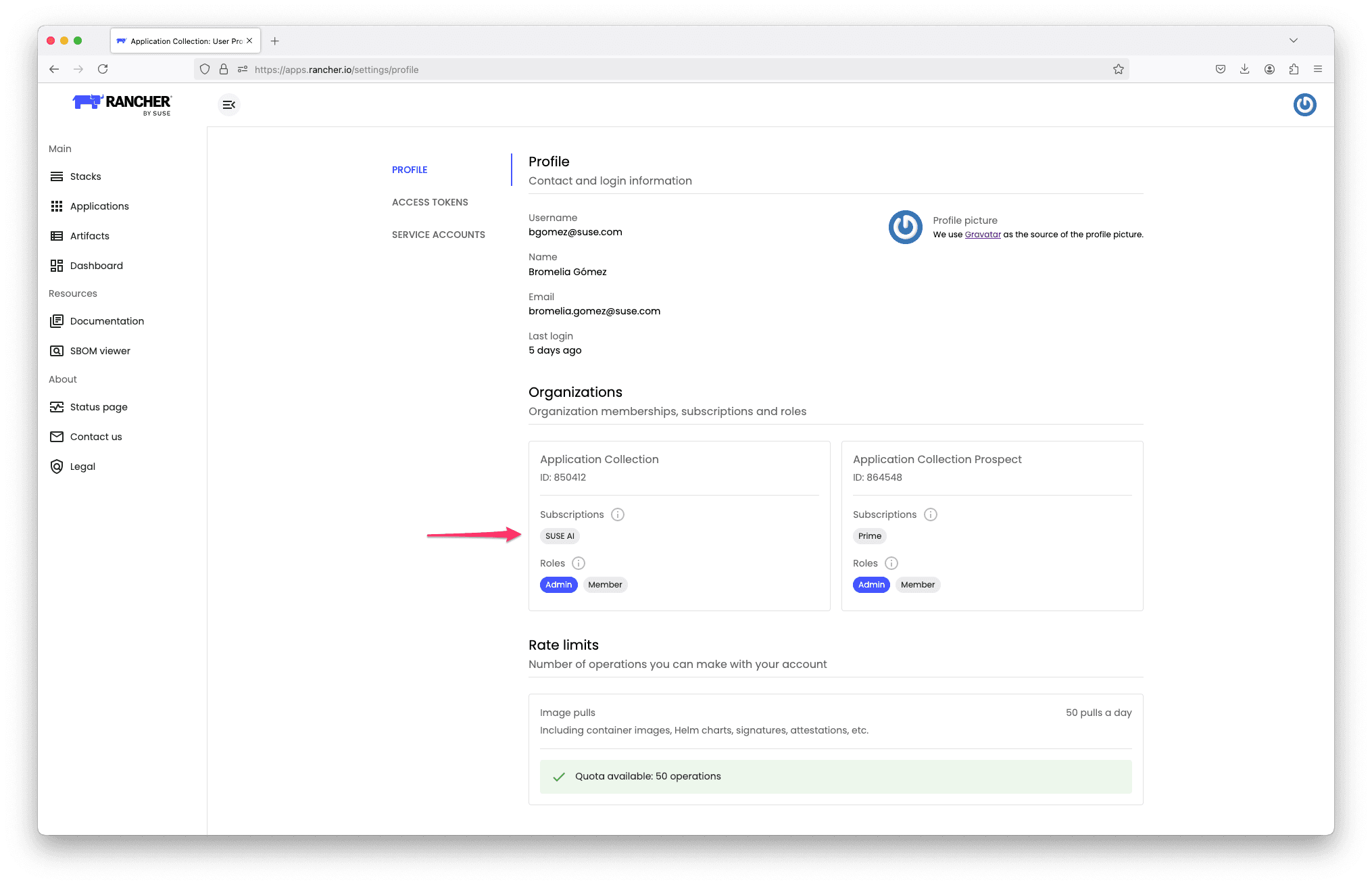Subscriptions of a user